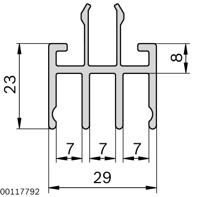 Insertion of the surface element into closed frame, Can be clipped into the supporting frame made of strut profiles, Sliding door profile, bottom, with half-round floor contour to minimize the displacement force required, For surface elements with a thick / Material Number:3842993425