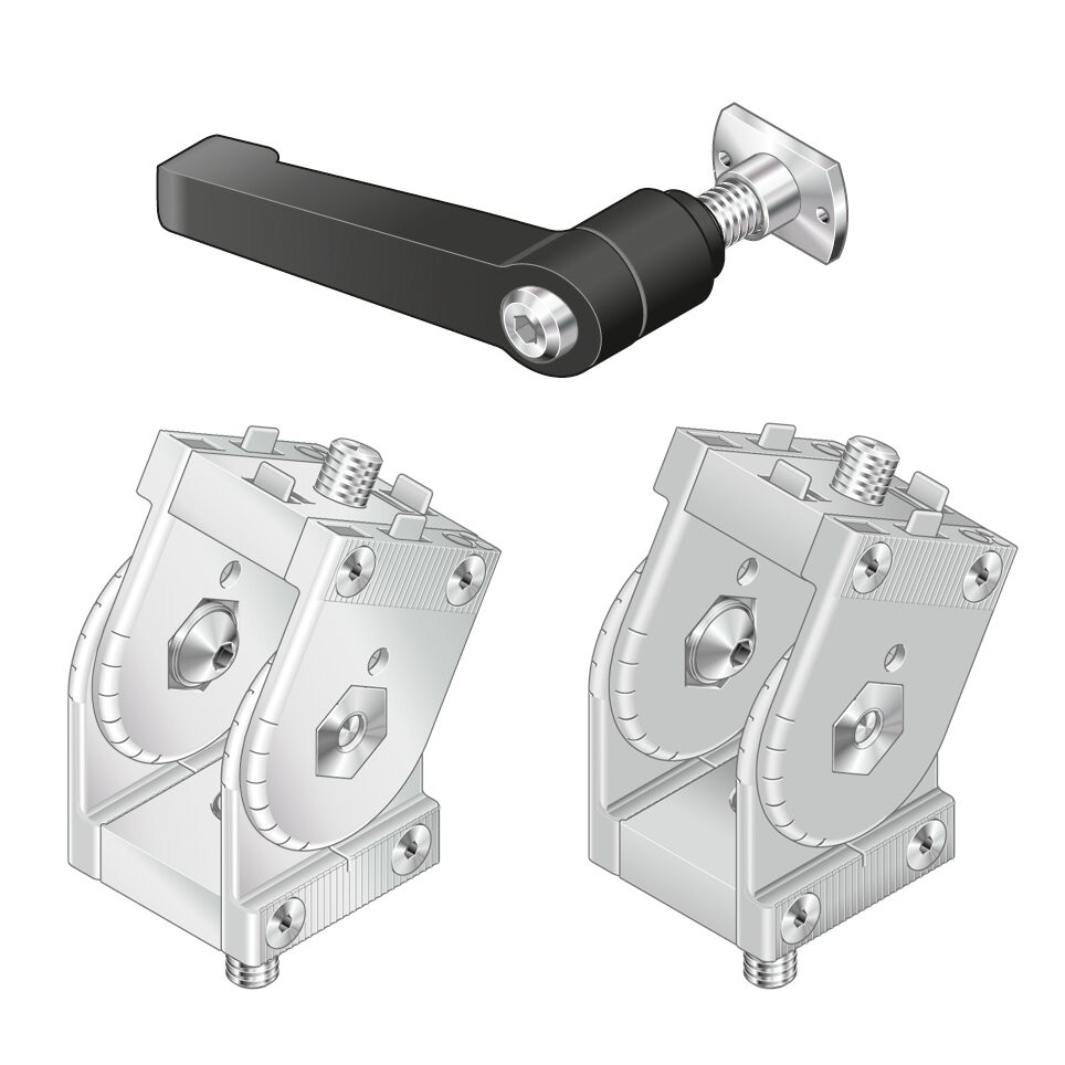 For movable or rigid profile connections at any angle, With marking in 15° increments, , Locking by clamping (5 Nm) or fixing with pins (15 Nm), Swivel range 182°, The joint can be adjusted using a clamping lever.,  / Material Number:3842502687
