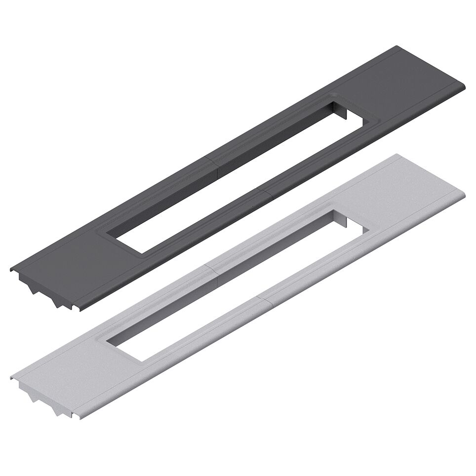 Socket covers can be extended with the cover rails, For installation in cable guide profiles 40x120x120 and 120x120 6N, Closes the opening gap of installed socket strips in cable guide profiles, For socket strips with 263 mm or 404 mm length (with extensi / Material Number:3842558506