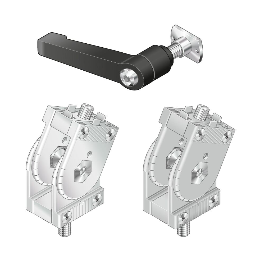 For movable or rigid profile connections at any angle, With marking in 15° increments, , Locking by clamping (5 Nm) or fixing with pins (15 Nm), Swivel range 182°, The joint can be adjusted using a clamping lever.,  / Material Number:3842502688