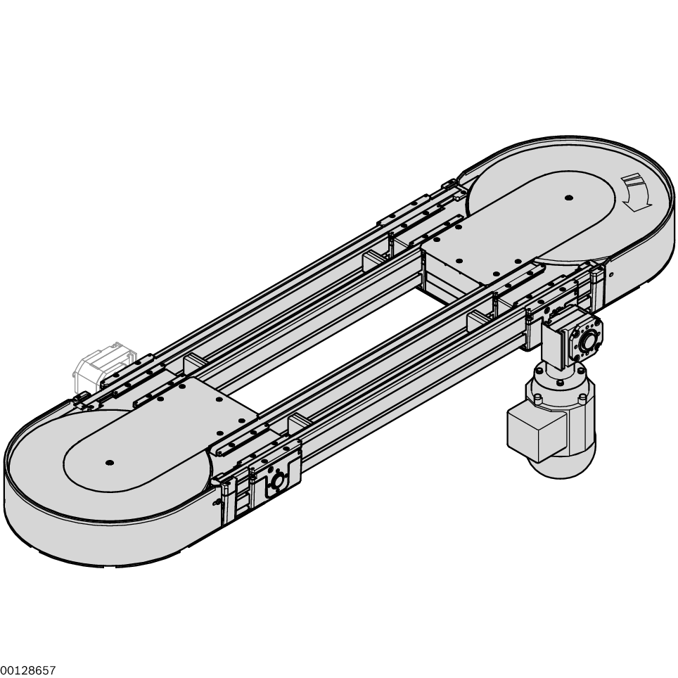 Curve direction right (KR = R) or left (KR = L), Conveyor medium: Turntable, suitable for use in an EPA, Belt distance a = 135 mm, Motor mounting external (MA = A), Integrated shared drive for both turntables and the mounted belt sections. Section load up / Material Number:3842999988
