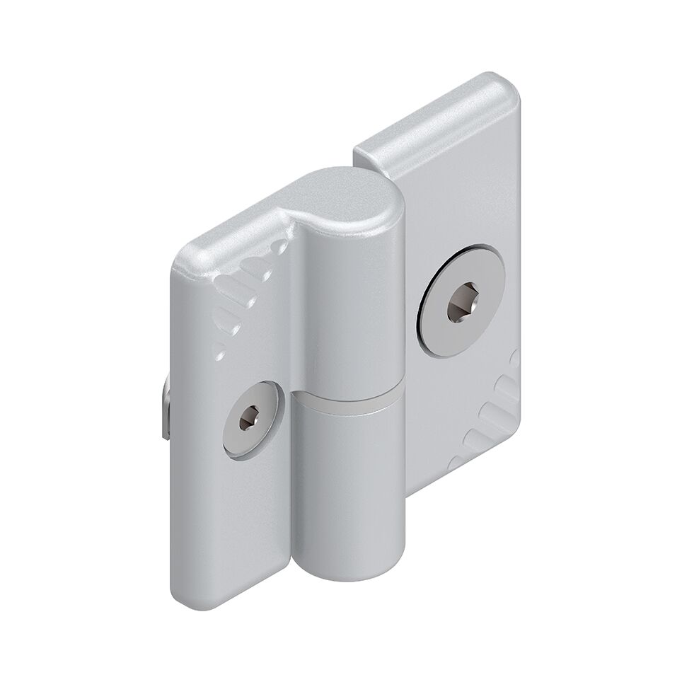 Version <i>designLINE </i>with special silver paint (RAL 9006) for an especially high-quality design, Compact, removable hinge for doors which open to the right or left, Centering lugs as an assembly aid and anti-torsion element / Material Number:3842543333