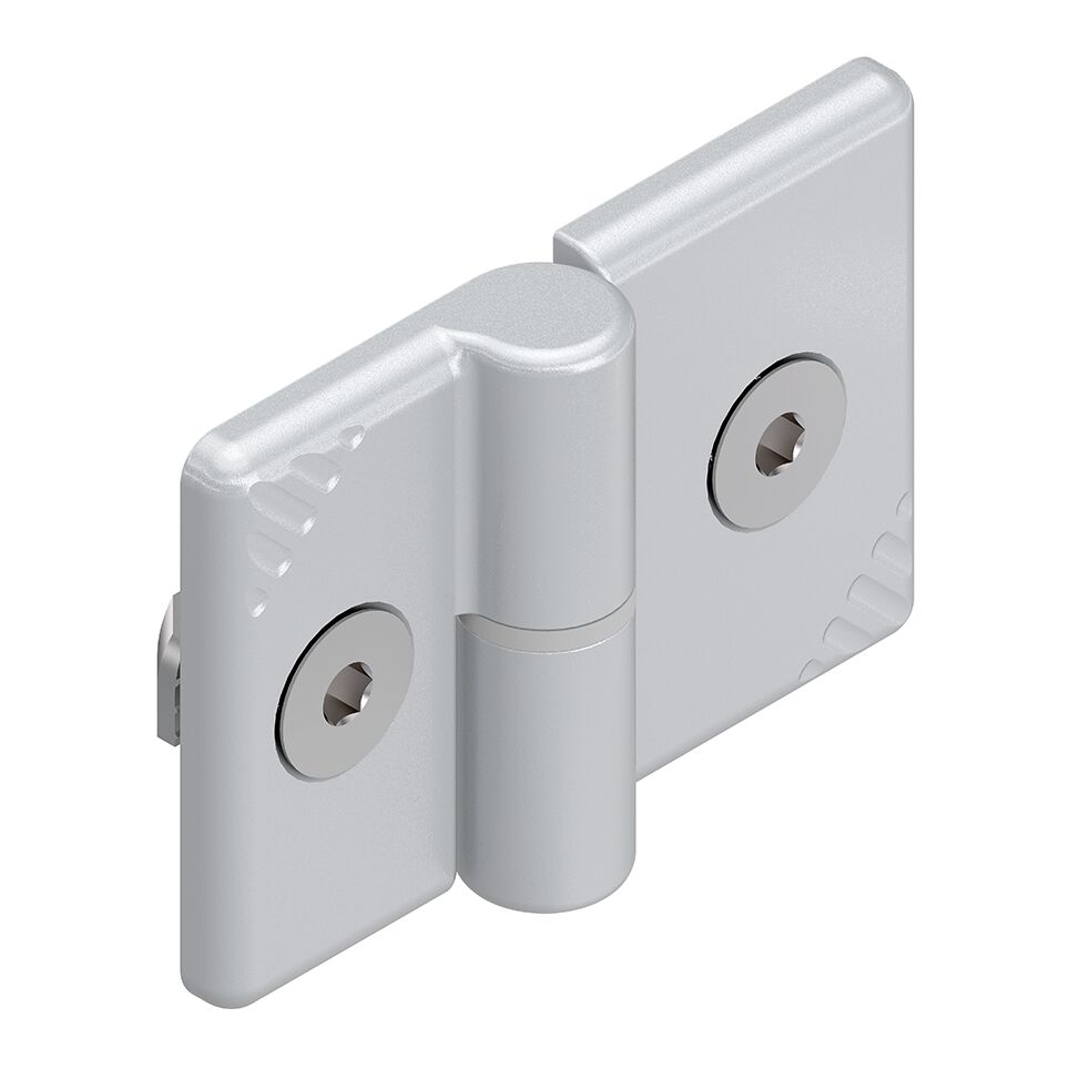 Version <i>designLINE </i>with special silver paint (RAL 9006) for an especially high-quality design, Compact, removable hinge for doors which open to the right or left, Centering lugs as an assembly aid and anti-torsion element / Material Number:3842543331