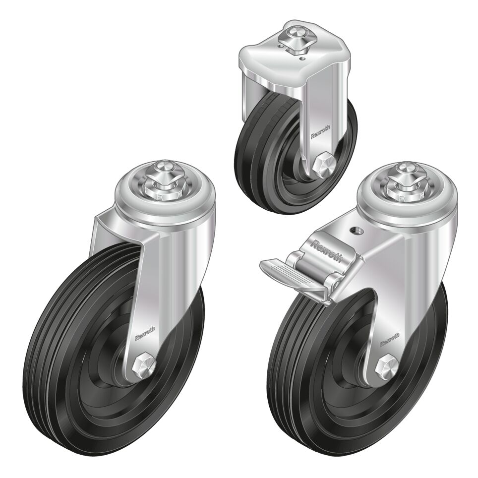 Suitable for ESD-sensitive areas. Conductive material version in accordance with DIN EN 61340-5-1; conduction resistance ≤ 10<sup>6</sup> Ω, Rubber running surface made of solid rubber with good deformation elasticity. No permanent flattening of the wheel / Material Number:3842547839