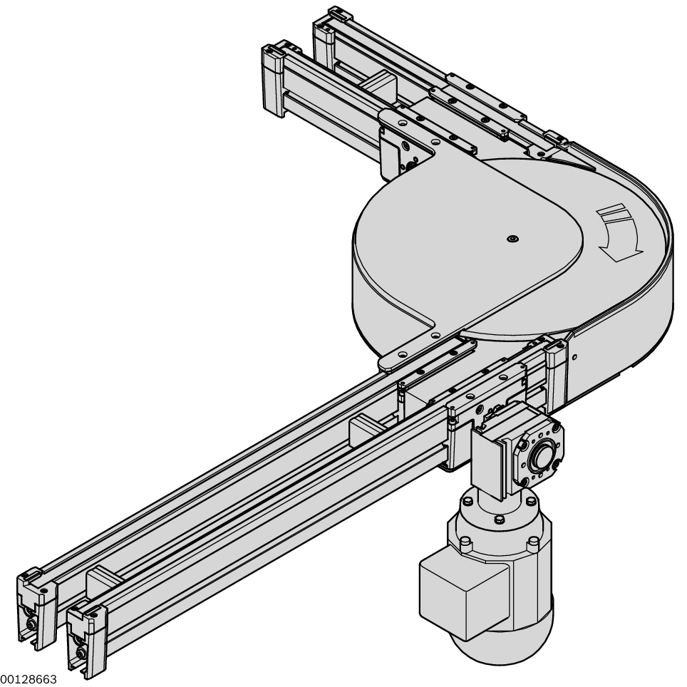 Section load up to 30 kg, Curve direction right (KR = R) or left (KR = L), Integrated shared drive for the turntable and the mounted belt sections in the infeed and outfeed section, Conveyor medium: Turntable, suitable for use in an EPA, Length of the inf / Material Number:3842999986
