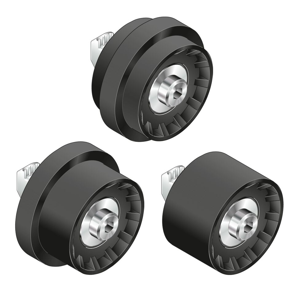 Support roller with rim can be guided in 10 mm slot, ESD-conductive, Support roller for constructing trolleys or roller sections, Mounted on profiles with 10 mm slot, Good running characteristics thanks to deep-groove ball bearing with large diameter / Material Number:3842218940