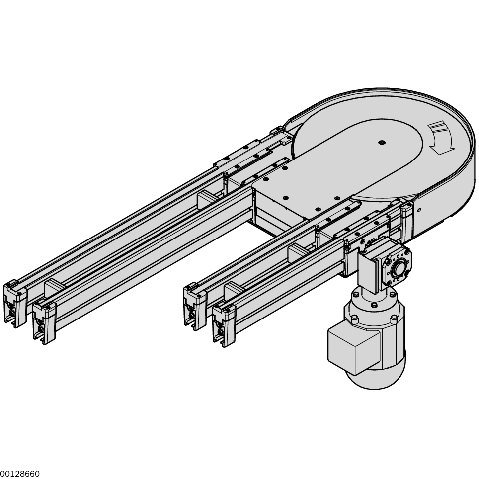 Section load up to 30 kg, Curve direction right (KR = R) or left (KR = L), Integrated shared drive for the turntable and the mounted belt sections in the infeed and outfeed section, Conveyor medium: Turntable, suitable for use in an EPA, Length of the inf / Material Number:3842999987