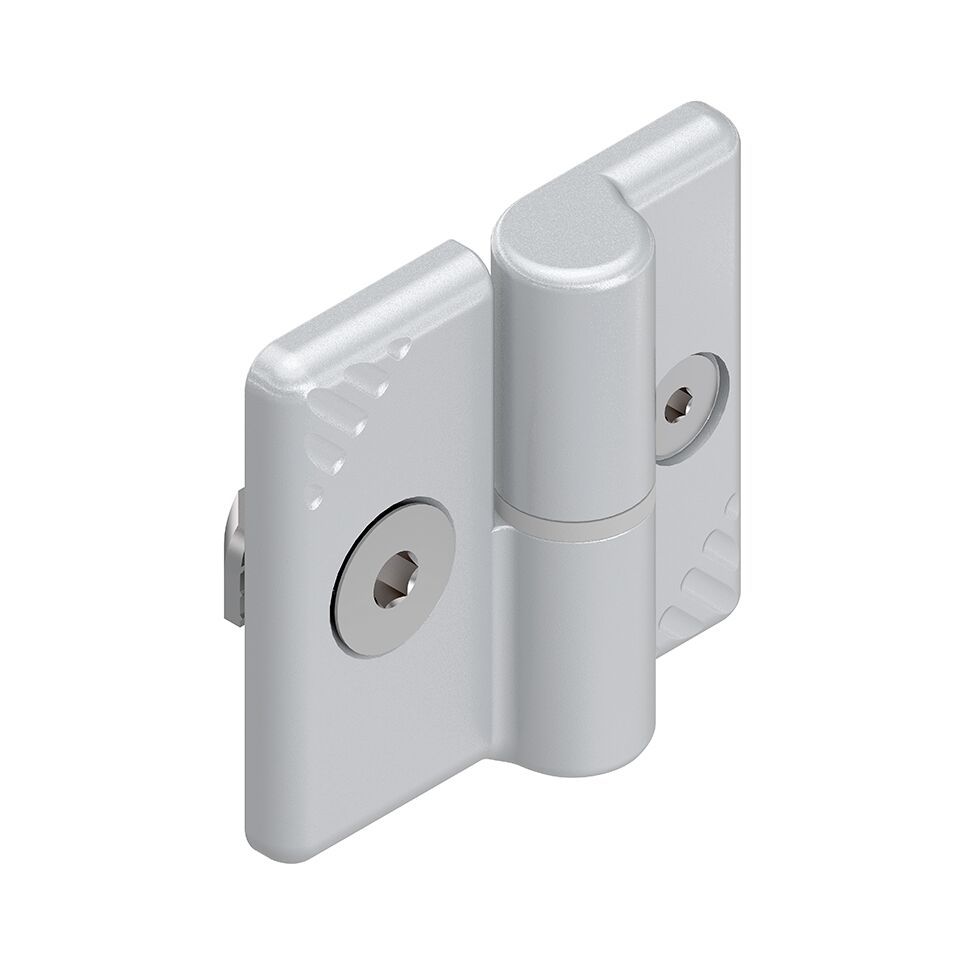 Version <i>designLINE </i>with special silver paint (RAL 9006) for an especially high-quality design, Compact, removable hinge for doors which open to the right or left, Centering lugs as an assembly aid and anti-torsion element / Material Number:3842543326
