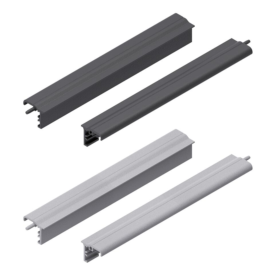 Socket covers can be extended with the cover rails, For installation in cable guide profiles 40x120x120 and 120x120 6N, Closes the opening gap of installed socket strips in cable guide profiles, For socket strips with 263 mm or 404 mm length (with extensi / Material Number:3842558510