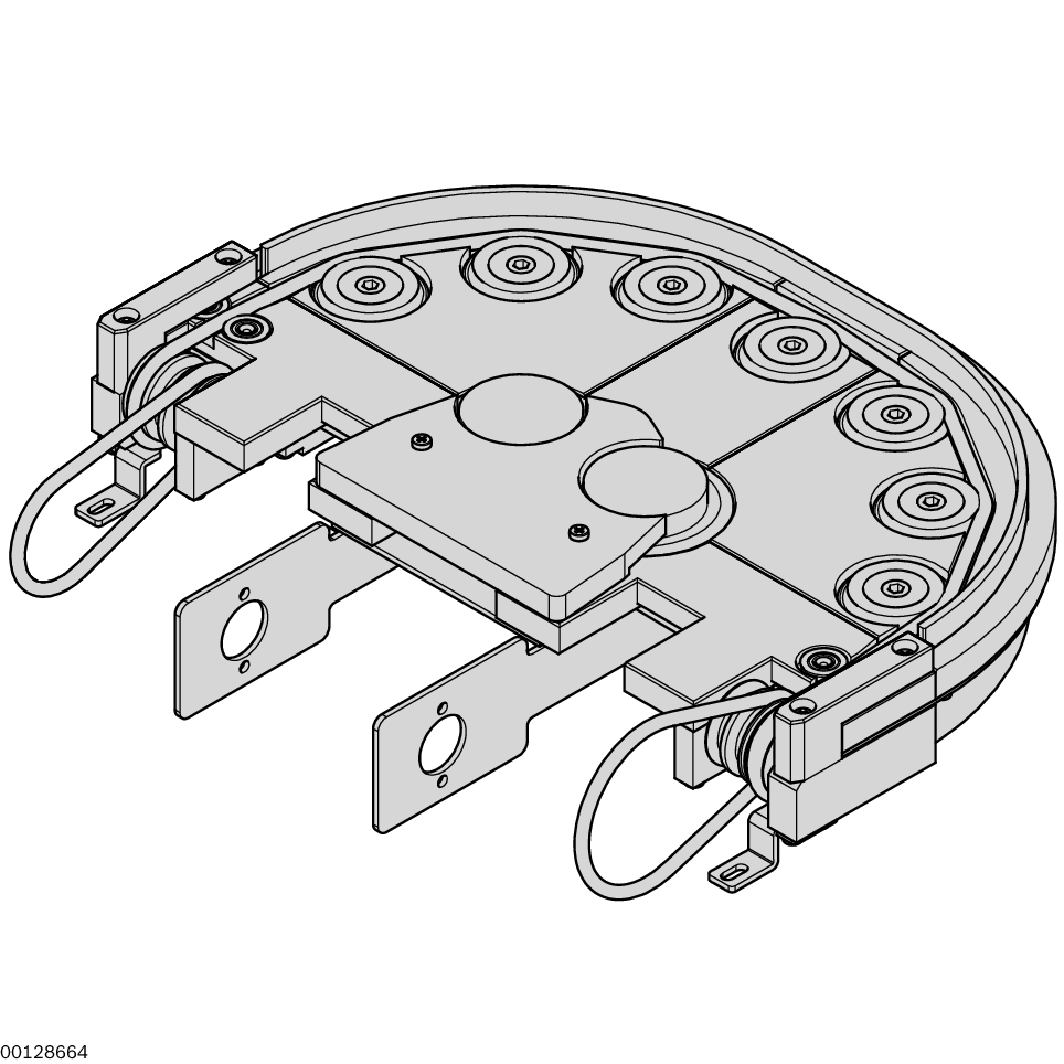 Curve direction right (KR = R) or left (KR = L), The drive takes place via a belt section BS 1/T connected to the curve output or the return unit UM 1 of a section unit., Using additional drive kits improves the transport of the workpiece pallets WT 1/P a / Material Number:3842999765