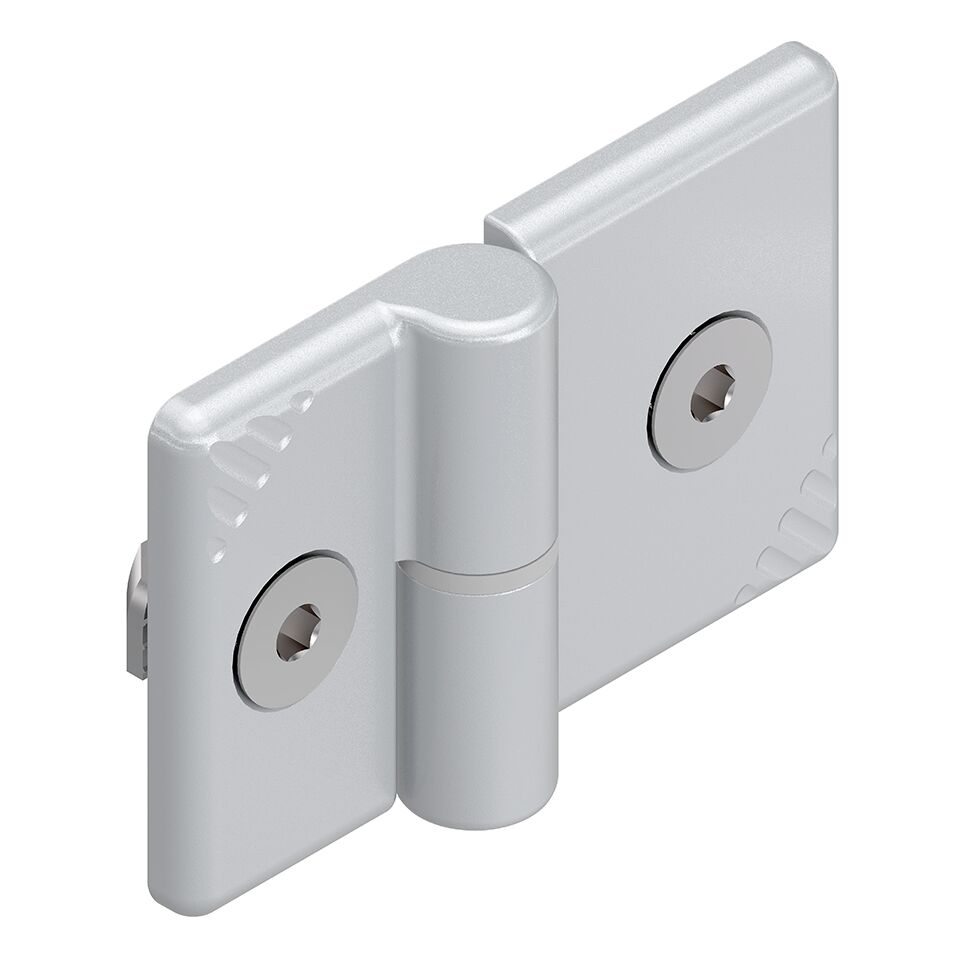Version <i>designLINE </i>with special silver paint (RAL 9006) for an especially high-quality design, Compact, removable hinge for doors which open to the right or left, Centering lugs as an assembly aid and anti-torsion element / Material Number:3842543330