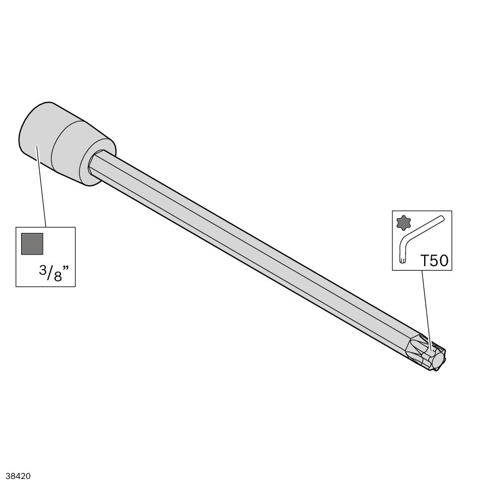 Stable ball head for screws without axial access, For mechanical or manual assembly/torque, Length adapted to profile joint mounting, Drive 3/8" wrench socket, output T50 / Material Number:3842558194