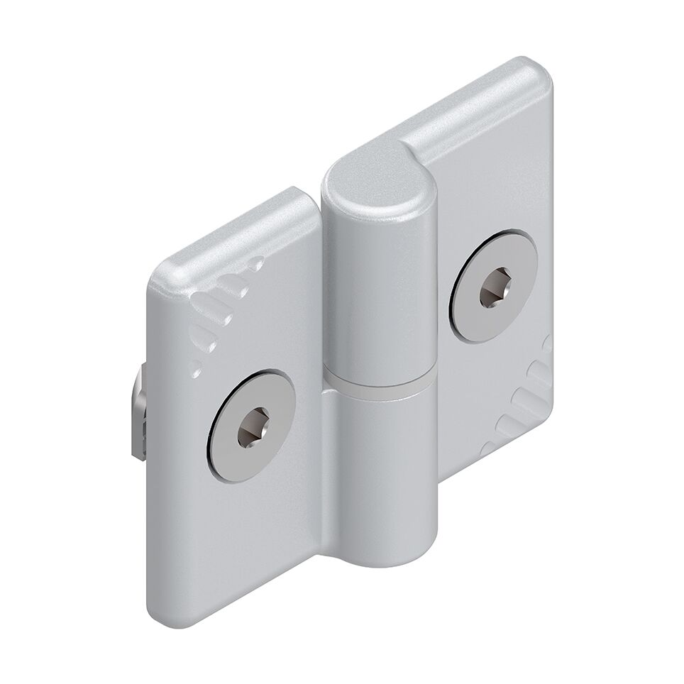 Version <i>designLINE </i>with special silver paint (RAL 9006) for an especially high-quality design, Compact, removable hinge for doors which open to the right or left, Centering lugs as an assembly aid and anti-torsion element / Material Number:3842543325