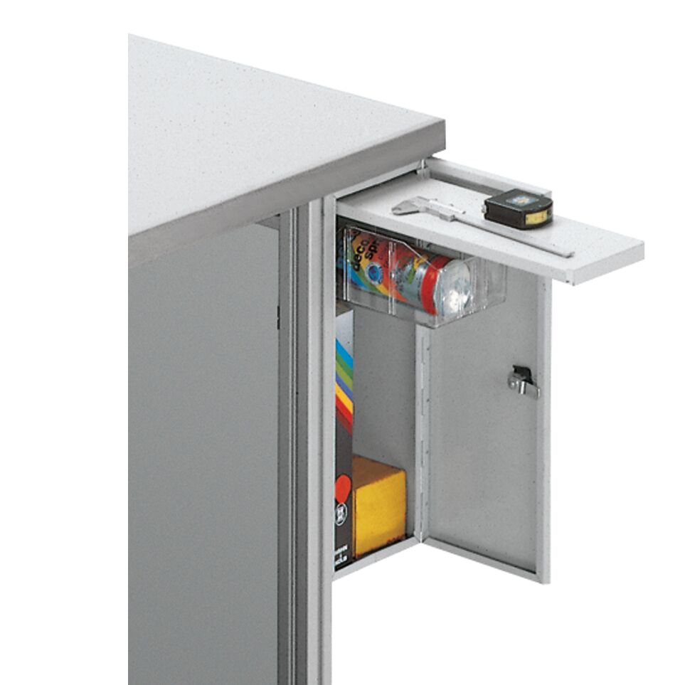 Installation on left or right side, Lockable door<br>– Extendable tool deposit, Assembly on table frame (slot spacing 550 mm) / Material Number:3842028620