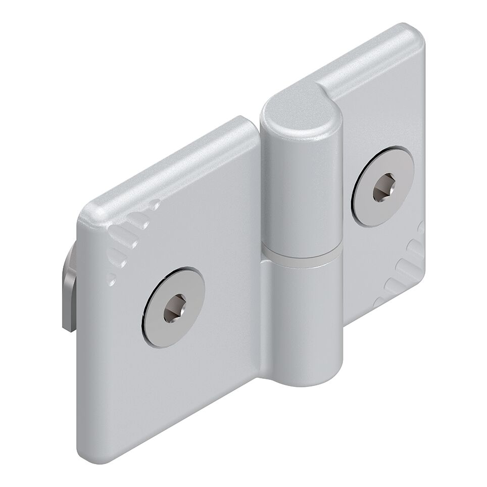 Version <i>designLINE </i>with special silver paint (RAL 9006) for an especially high-quality design, Compact, removable hinge for doors which open to the right or left, Centering lugs as an assembly aid and anti-torsion element / Material Number:3842543323
