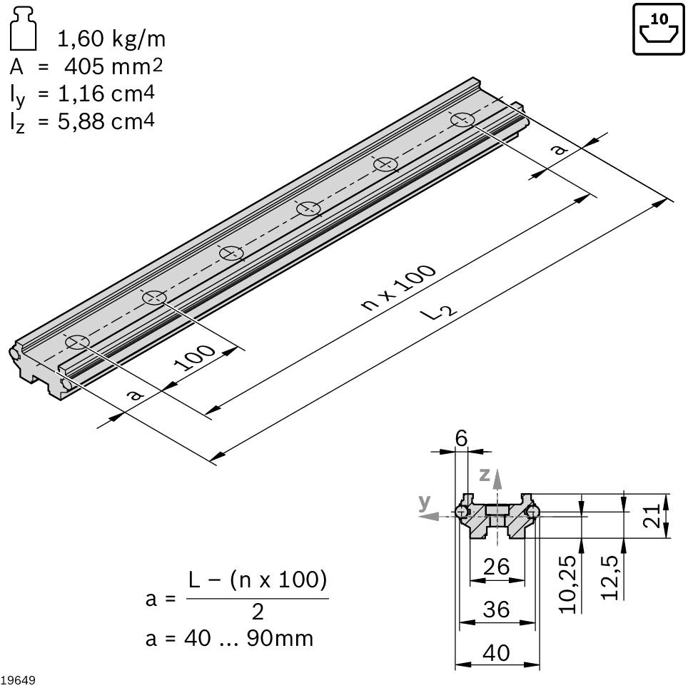 Guide profile LF6S with integrated guide rods, Installation on MGE strut profiles with 10 mm slot or directly on a flat surface / Material Number:3842539412