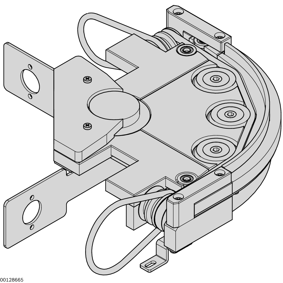 Curve direction right (KR = R) or left (KR = L), The drive takes place via a belt section BS 1/T connected to the curve output or the return unit UM 1 of a section unit., Using additional drive kits improves the transport of the workpiece pallets WT 1/P a / Material Number:3842537619