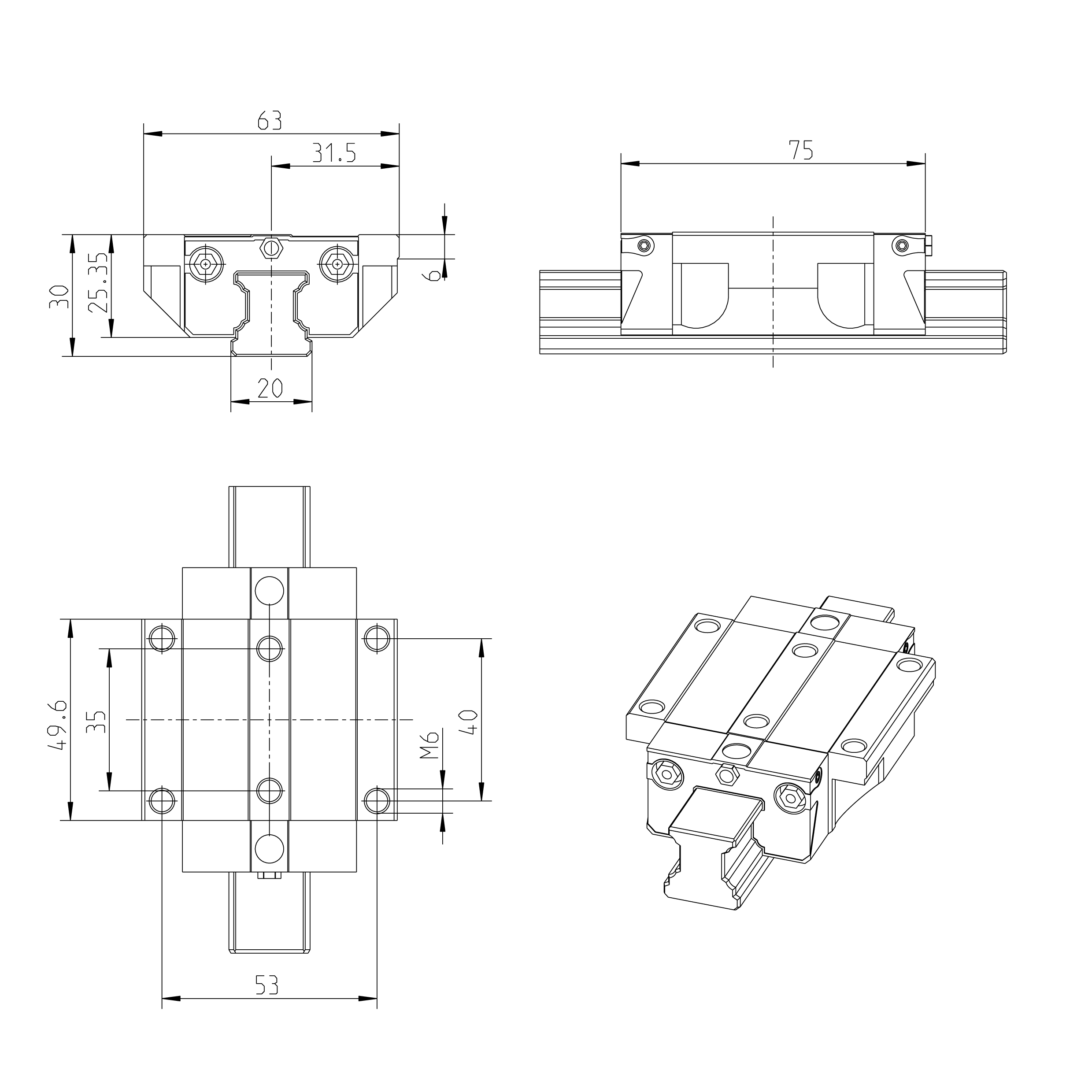 BALL RUNNER BLOCK CARBON STEEL KWD-020-FNS-C1-H-1