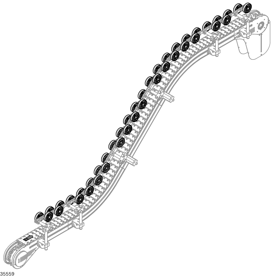 Enables the cost-effective vertical transport of light products. The contact pressure on the flat conveyor chain increases the friction, thereby enabling reliable transport in a vertical section. / Material Number:3842552950