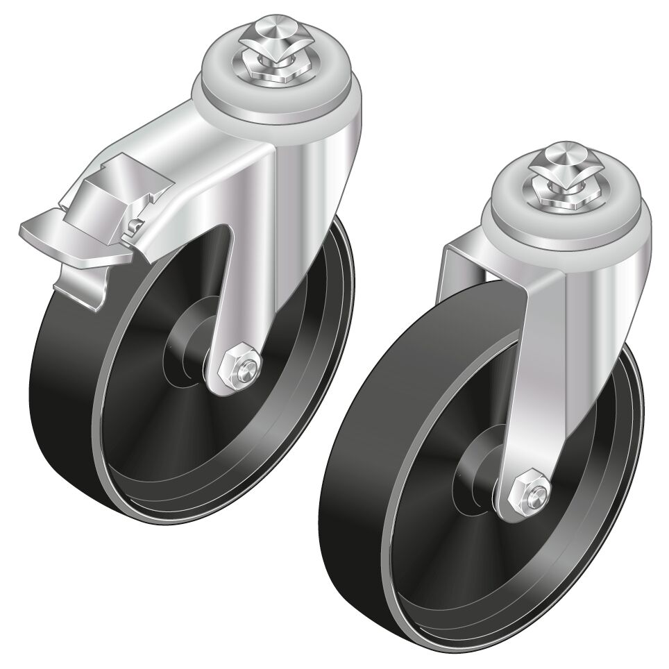 Available as a caster wheel with lock, caster, and trestle wheel, Resistant to oil, for use in workshop areas, Versatile range of uses, Wheels with excellent running properties, All wheels mounted in the profile slot or central hole (accessories required) / Material Number:3842515366