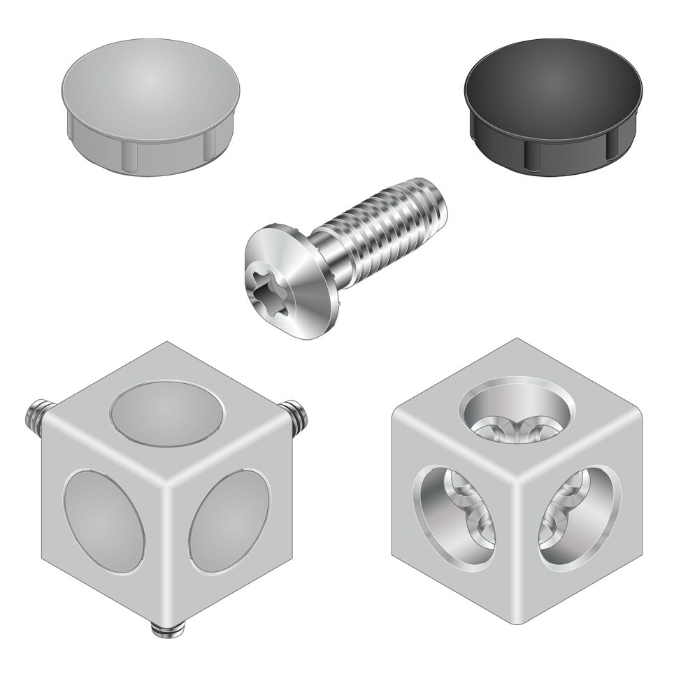 Screw fitting on profile with self-tapping screws, For torsion-resistant corner connection of profiles with equal cross-sections, Cover caps to cover the openings, Profile finishing: not required / Material Number:3842549876